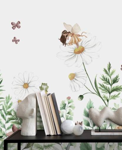 carta da parati illustrata con fiori in crescita con fate 