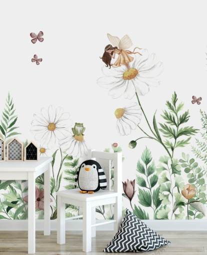 flores em crescimento ilustradas com papel de parede de fadas 