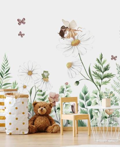 papier peint illustré de fleurs en croissance avec des fées 