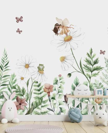 papel pintado ilustrado de flores en crecimiento con hadas 