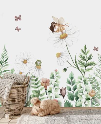 papier peint illustré de fleurs en croissance avec des fées papier peint illustré de fleurs en croissance avec des fées