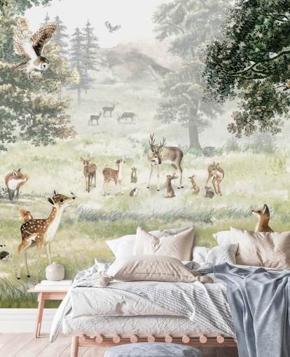 papel de parede ilustrado de bosques e criaturas para quarto de crianças