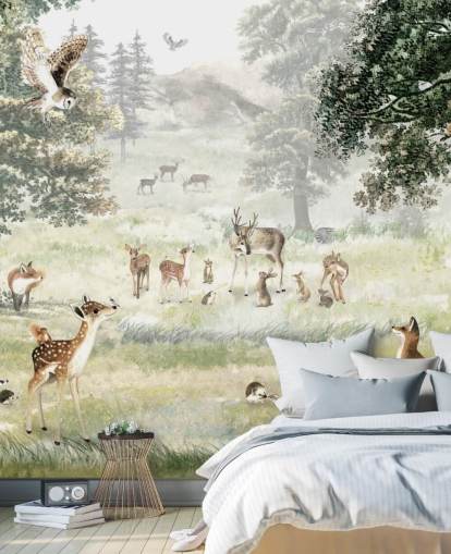 illustrated woodland and creatures wallpaper for kids bedroom