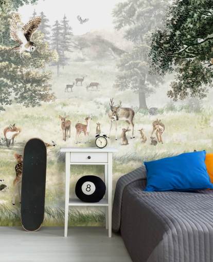 illustrated woodland and creatures wallpaper for kids bedroom