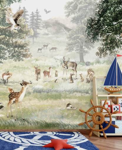 carta da parati illustrata con boschi e creature per la camera dei bambini