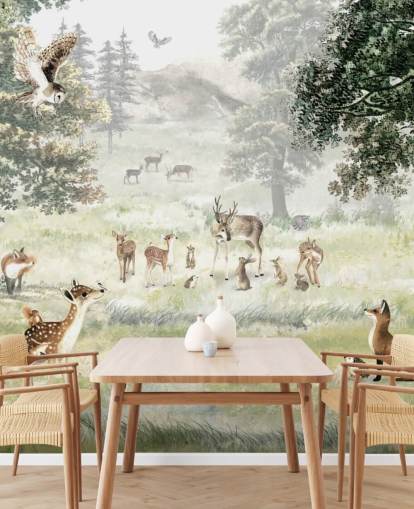 papel de parede ilustrado de bosques e criaturas para quarto de crianças