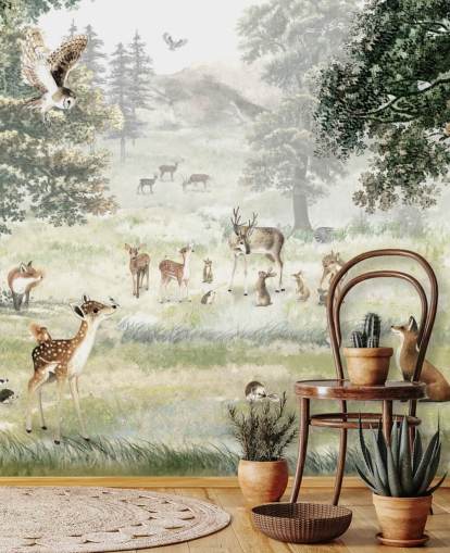 illustrated woodland and creatures wallpaper for kids bedroom