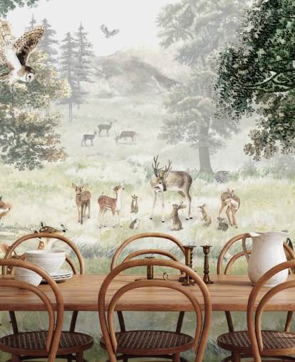 illustrated woodland and creatures wallpaper for kids bedroom