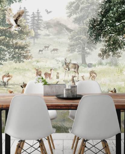 papel de parede ilustrado de bosques e criaturas para quarto de crianças