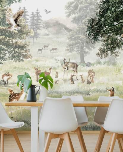 illustrated woodland and creatures wallpaper for kids bedroom