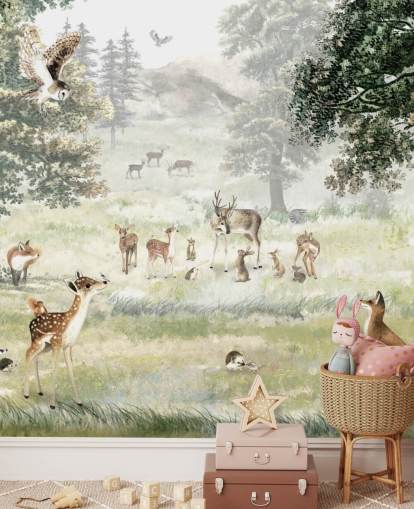 illustrated woodland and creatures wallpaper for kids bedroom