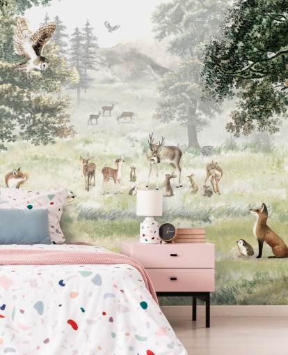 papel de parede ilustrado de bosques e criaturas para quarto de crianças