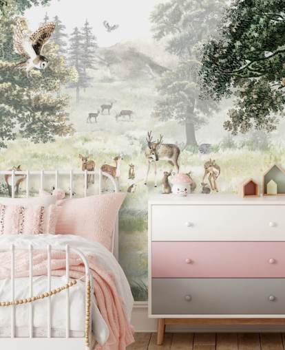 illustrated woodland and creatures wallpaper for kids bedroom