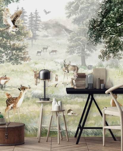 papel de parede ilustrado de bosques e criaturas para quarto de crianças