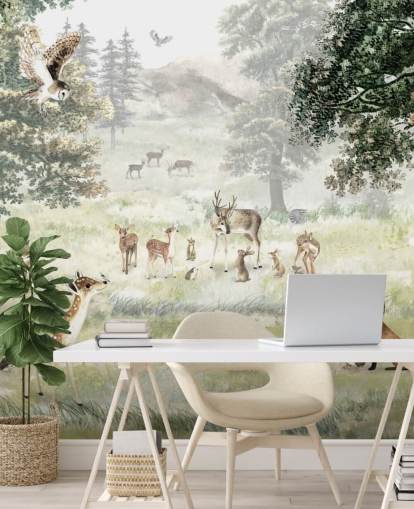 papel pintado ilustrado de bosques y criaturas para dormitorio infantil