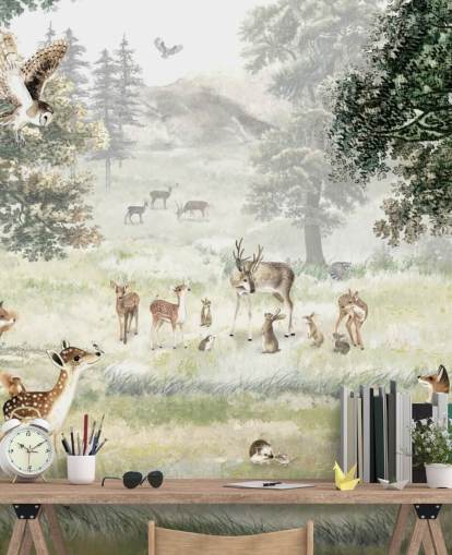 carta da parati illustrata con boschi e creature per la camera dei bambini