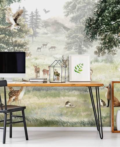 illustrated woodland and creatures wallpaper for kids bedroom