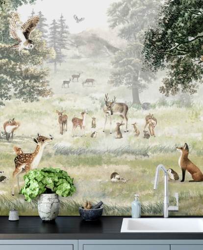 illustrated woodland and creatures wallpaper for kids bedroom