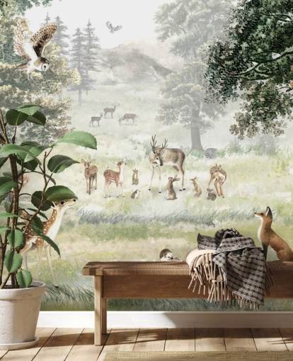 carta da parati illustrata con boschi e creature per la camera dei bambini