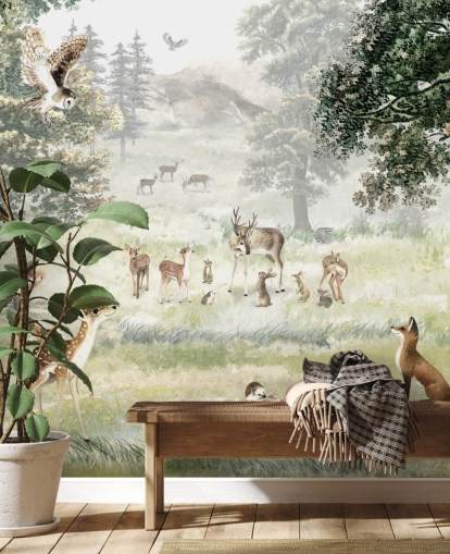 papier peint illustré de bois et de créatures pour chambre d'enfant