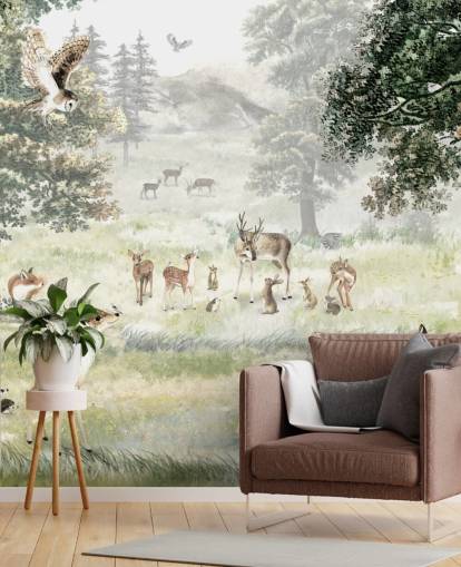 papier peint illustré de bois et de créatures pour chambre d'enfant