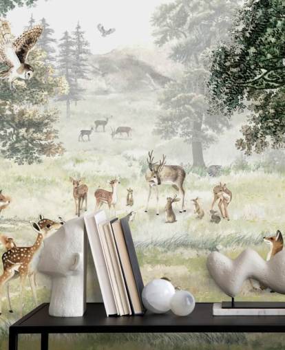 illustrated woodland and creatures wallpaper for kids bedroom