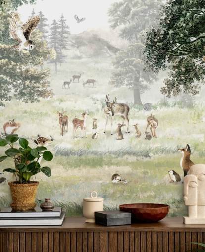 papel de parede ilustrado de bosques e criaturas para quarto de crianças