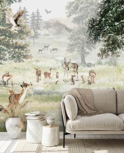 papel pintado ilustrado de bosques y criaturas para dormitorio infantil