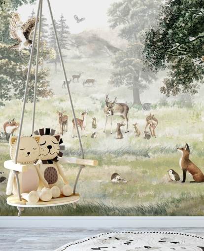 illustrierte Wald- und Kreaturentapete für das Kinderzimmer