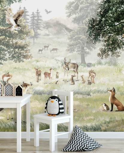 papel de parede ilustrado de bosques e criaturas para quarto de crianças