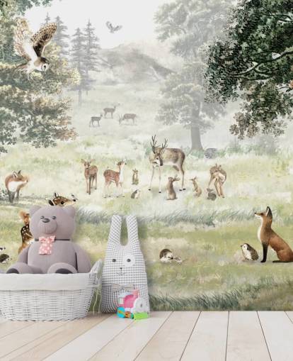 papier peint illustré de bois et de créatures pour chambre d'enfant