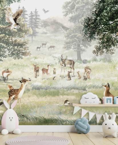 illustrated woodland and creatures wallpaper for kids bedroom