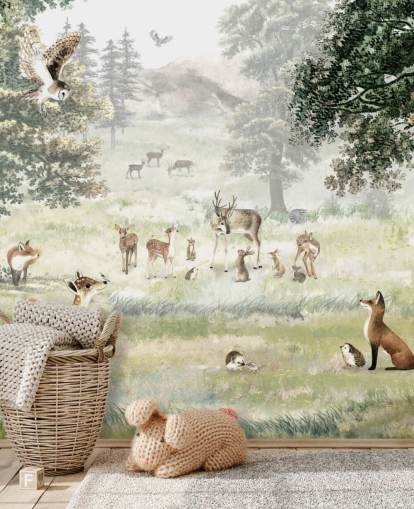 papel pintado ilustrado de bosques y criaturas para dormitorio infantil