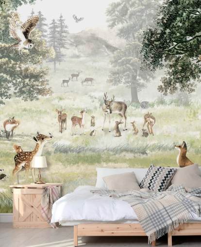papel pintado ilustrado de bosques y criaturas para dormitorio infantil