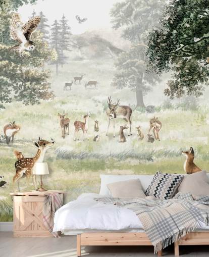 papier peint illustré de bois et de créatures pour chambre d'enfant papier peint illustré de bois et de créatures pour chambre d'enfant