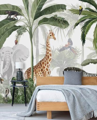groen-wit op maat gemaakt junglebehang genaamd Jungle Jive van Kikki Belle voor kinderkamer en kinderkamer