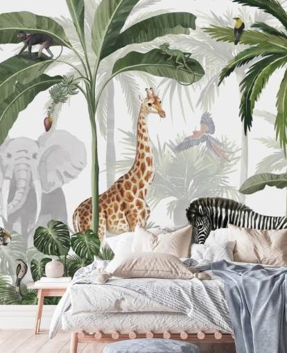 carta da parati personalizzata verde e bianca chiamata Jungle Jive di Kikki Belle per la cameretta dei bambini e la cameretta dei bambini