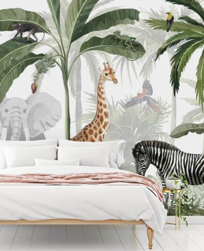 papel pintado verde y blanco personalizado de la jungla llamado Jungle Jive de Kikki Belle para el dormitorio y la guardería de los niños