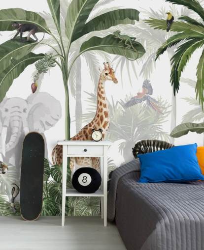 grön och vit anpassad djungel tapet som heter Jungle Jive av Kikki Belle för barns sovrum och plantskola grön och vit anpassad djungel tapet som heter Jungle Jive av Kikki Belle för barns sovrum och plantskola