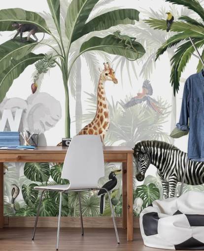 papier peint personnalisé de la jungle vert et blanc appelé Jungle Jive par Kikki Belle pour la chambre d'enfant et la crèche
