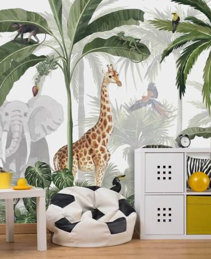 groen-wit op maat gemaakt junglebehang genaamd Jungle Jive van Kikki Belle voor kinderkamer en kinderkamer groen-wit op maat gemaakt junglebehang genaamd Jungle Jive van Kikki Belle voor kinderkamer en kinderkamer
