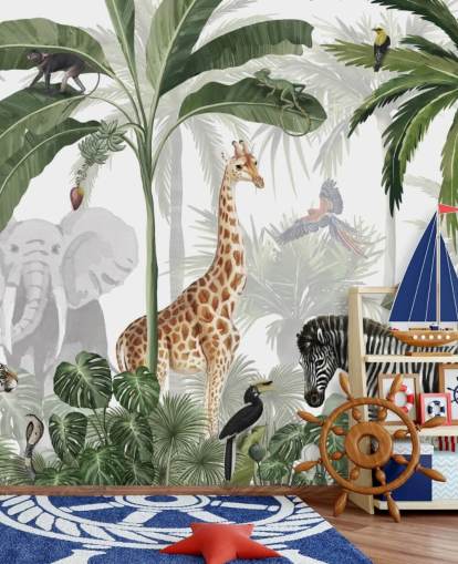 vihreä ja valkoinen mukautettu viidakon taustakuva nimeltä Jungle Jive, kirjoittanut Kikki Belle lasten makuuhuoneeseen ja lastentarhaan