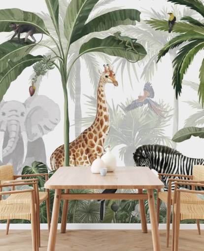 grön och vit anpassad djungel tapet som heter Jungle Jive av Kikki Belle för barns sovrum och plantskola