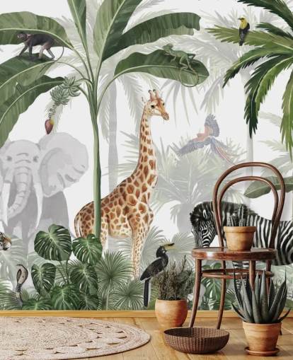 grønt og hvitt tilpasset jungel tapet kalt Jungle Jive av Kikki Belle for barnas soverom og barnehage