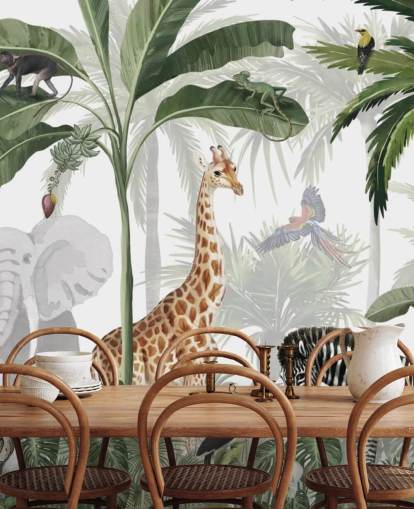 carta da parati personalizzata verde e bianca chiamata Jungle Jive di Kikki Belle per la cameretta dei bambini e la cameretta dei bambini