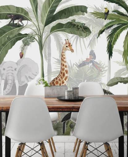papel pintado verde y blanco personalizado de la jungla llamado Jungle Jive de Kikki Belle para el dormitorio y la guardería de los niños