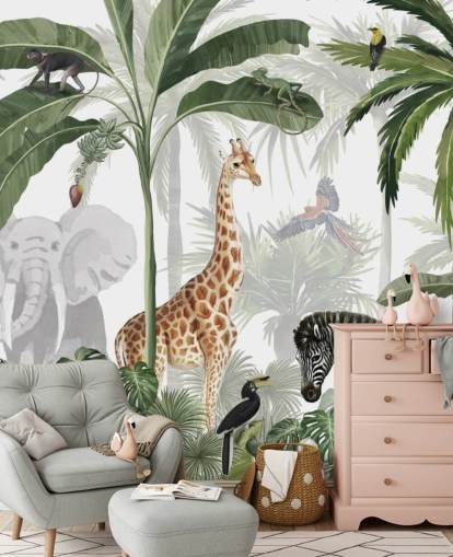 papier peint personnalisé de la jungle vert et blanc appelé Jungle Jive par Kikki Belle pour la chambre d'enfant et la crèche
