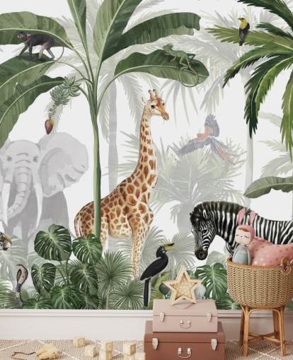 vihreä ja valkoinen mukautettu viidakon taustakuva nimeltä Jungle Jive, kirjoittanut Kikki Belle lasten makuuhuoneeseen ja lastentarhaan