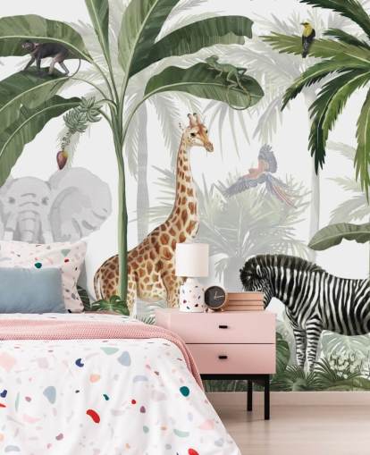 groen-wit op maat gemaakt junglebehang genaamd Jungle Jive van Kikki Belle voor kinderkamer en kinderkamer groen-wit op maat gemaakt junglebehang genaamd Jungle Jive van Kikki Belle voor kinderkamer en kinderkamer