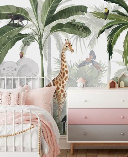 papel pintado verde y blanco personalizado de la jungla llamado Jungle Jive de Kikki Belle para el dormitorio y la guardería de los niños